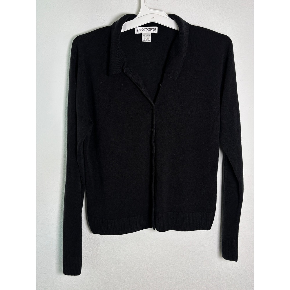 Passports Womens Black Button‎ Front Cardigan Sweater Polo Collar Large L